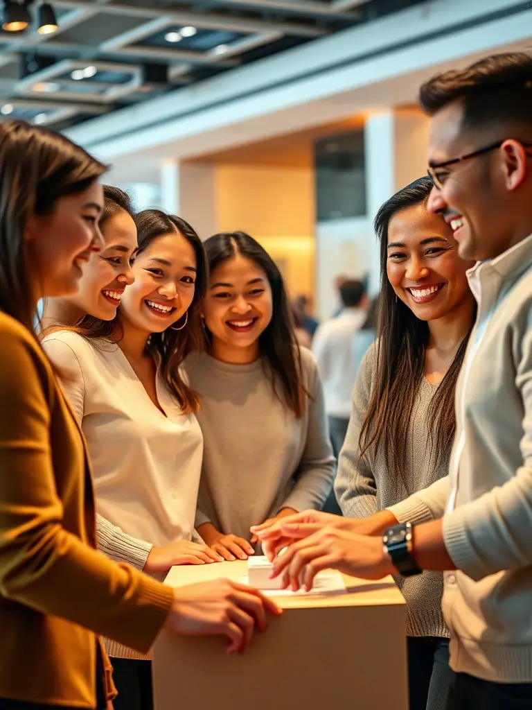 A diverse group of people interacting positively with a brand's product, illustrating the broad appeal and impact of NeuroForge's campaigns.