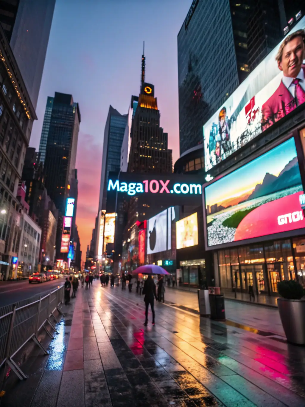 A futuristic cityscape with brand logos subtly integrated into the environment, showcasing the immersive advertising potential of NeuroForge.